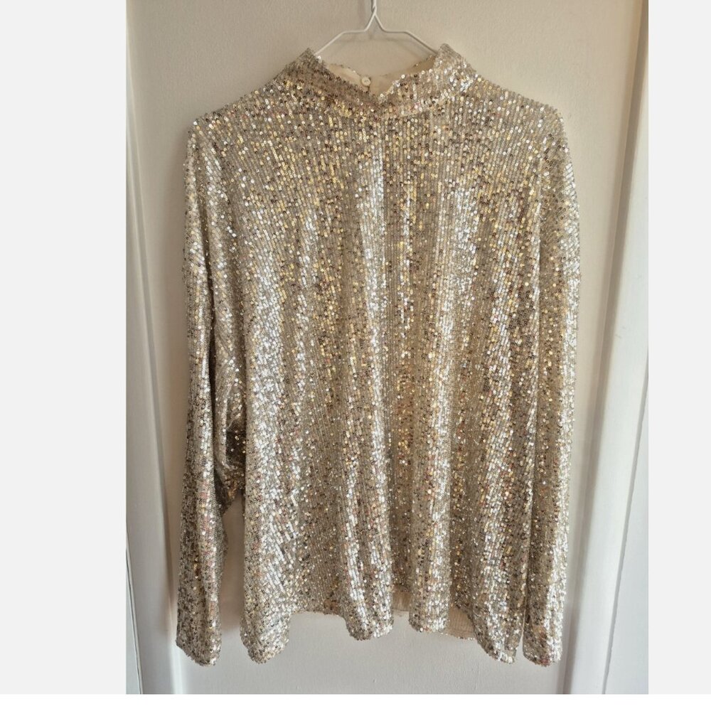 H&M Champagne Sequin Shirt Sheer Long Sleeve Top Sz L / XL Club Party Glam